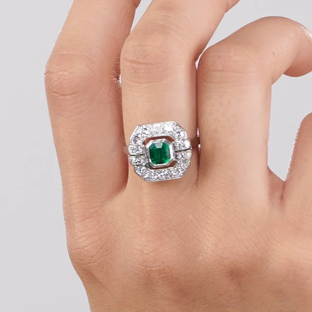 Close up of French Estate Emerald and Diamond Ring