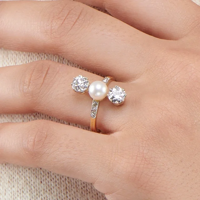 Close up of Belle Epoque Diamond and Pearl Ring