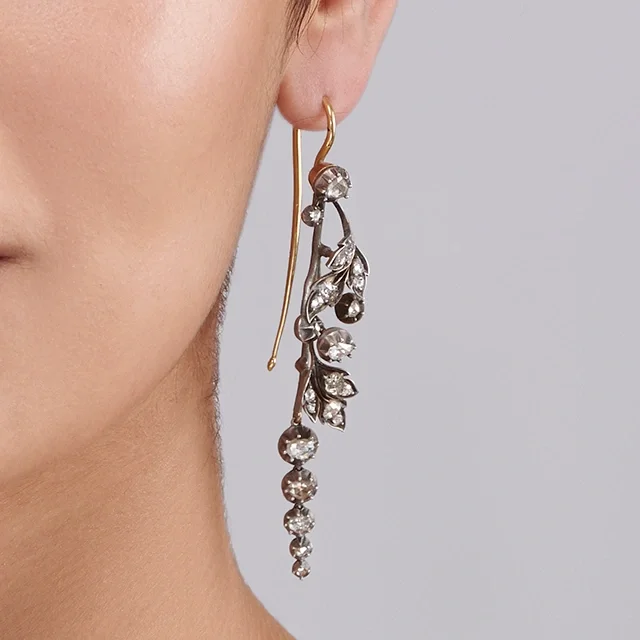 Close up of Victorian Antique Chandelier Diamond Earrings
