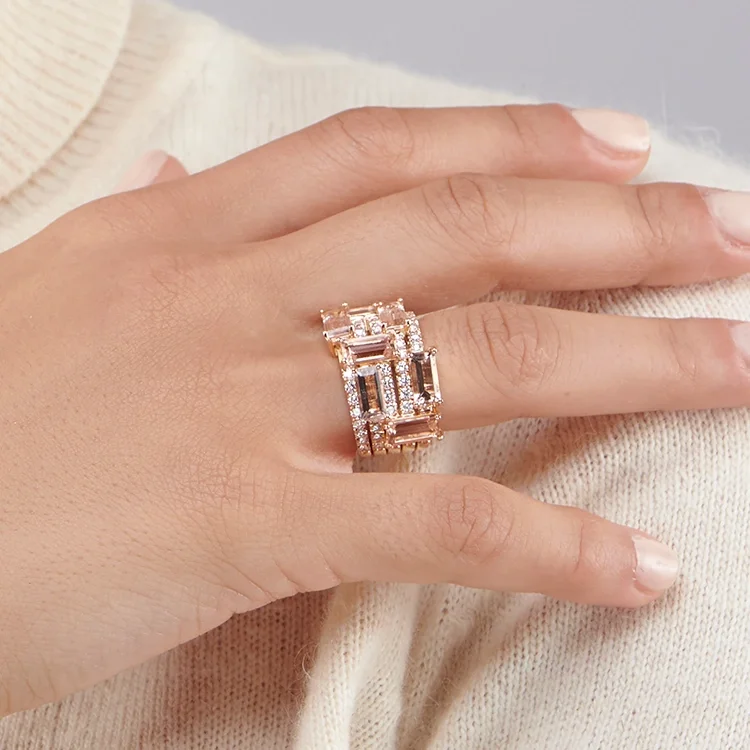 Close up of Electric Peach Morganite Baguette Diamonds Large Band