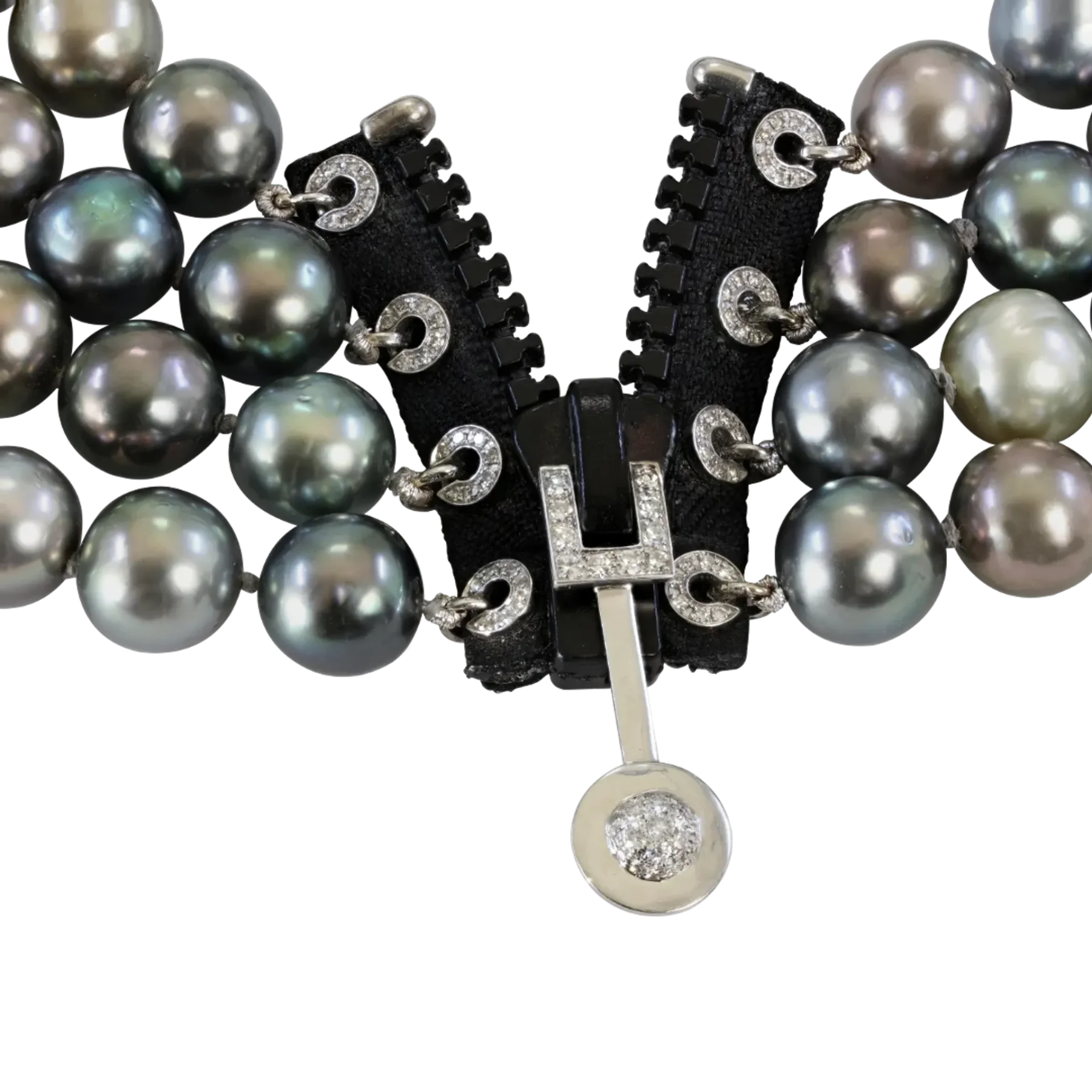 Close up view of Tahitian Pearl Zip Necklace by Patrice Fabre