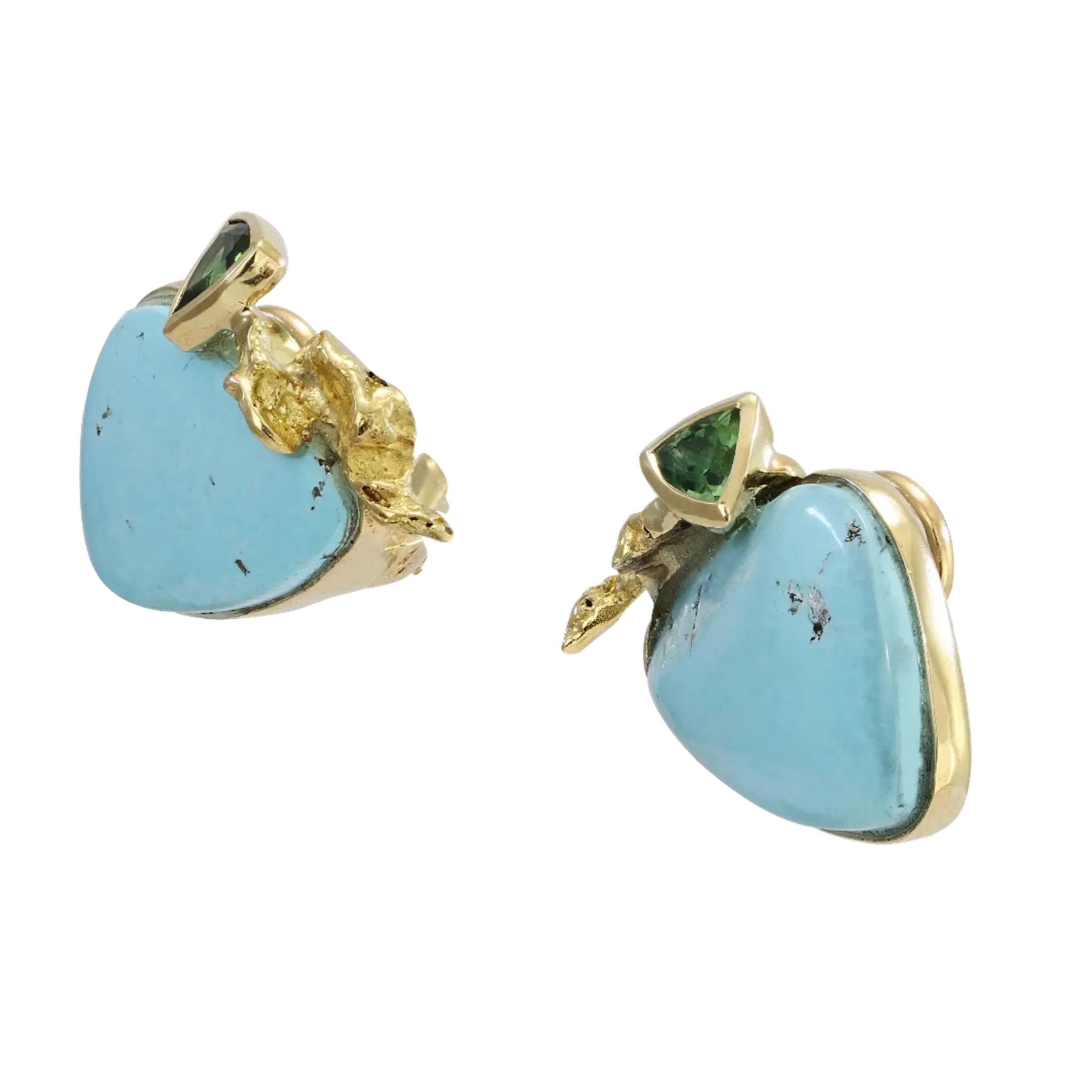 Side of the Turquoise Branch Yellow Gold Earrings with Green Tourmaline designed by Thierry Vendôme