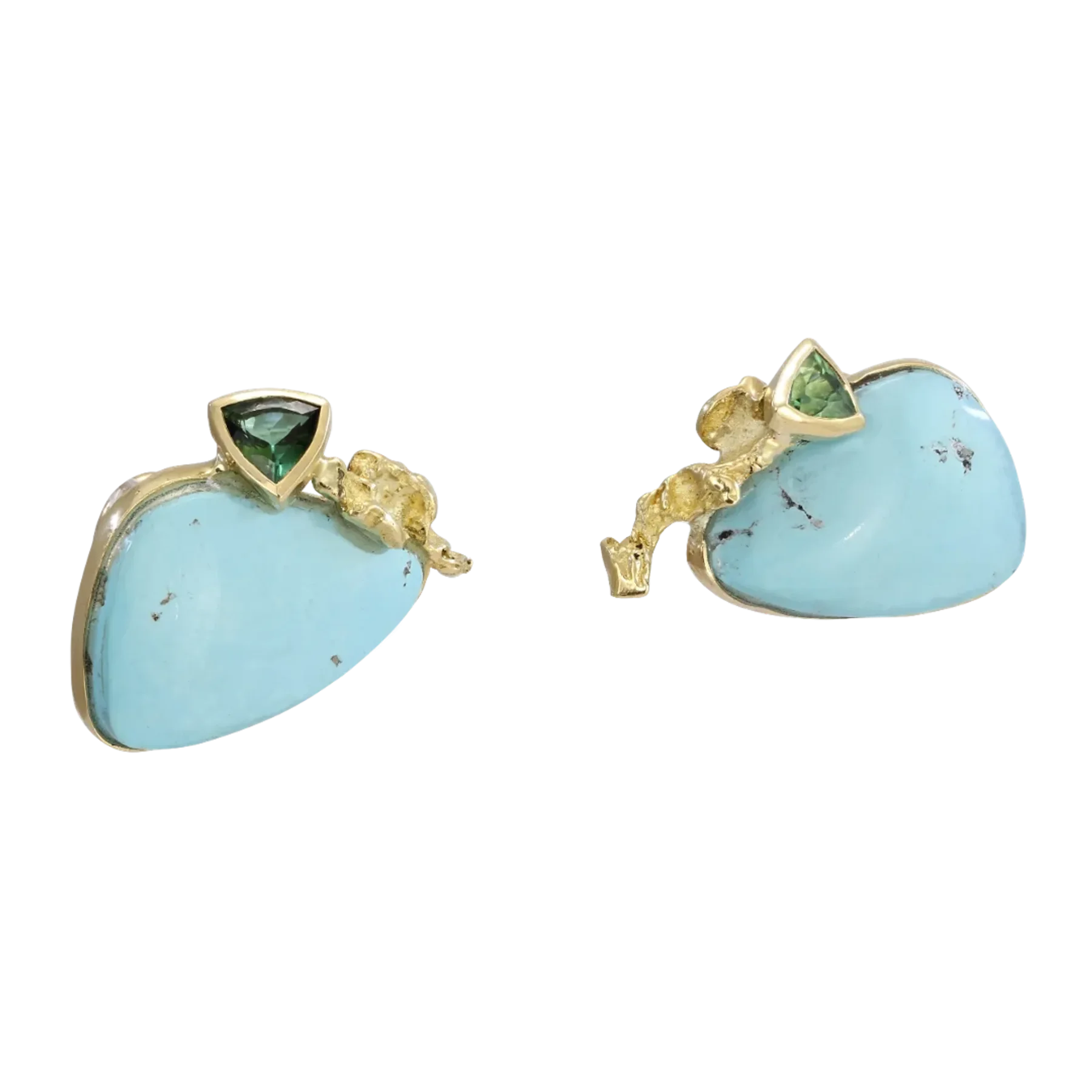 Side image of the Turquoise Branch Yellow Gold Earrings with Green Tourmaline designed by Thierry Vendôme