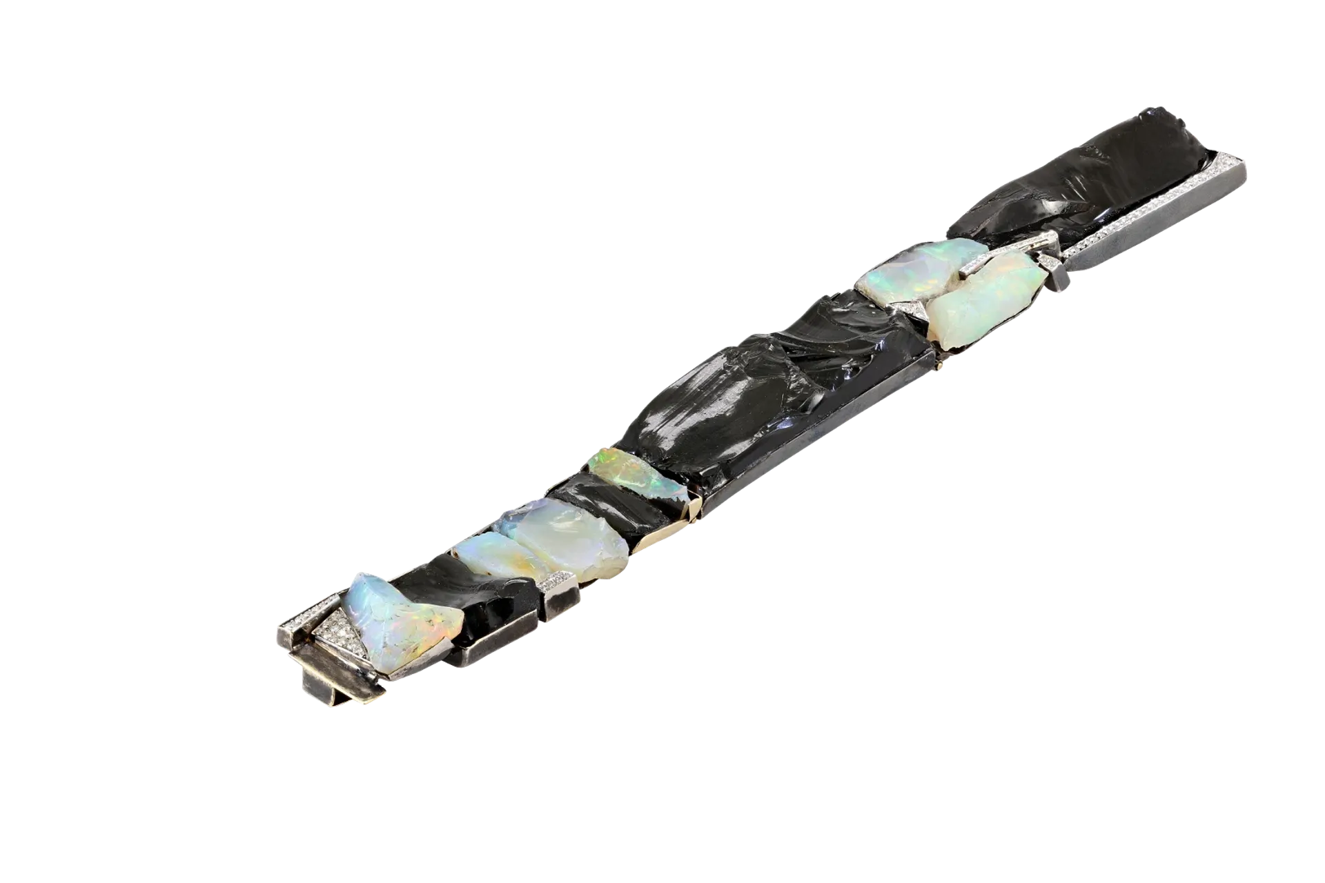 Side image of Seawall Sautoir Yellow and White Gold Necklace with Obsidian and Ethiopian Opal designed by Thierry Vendome