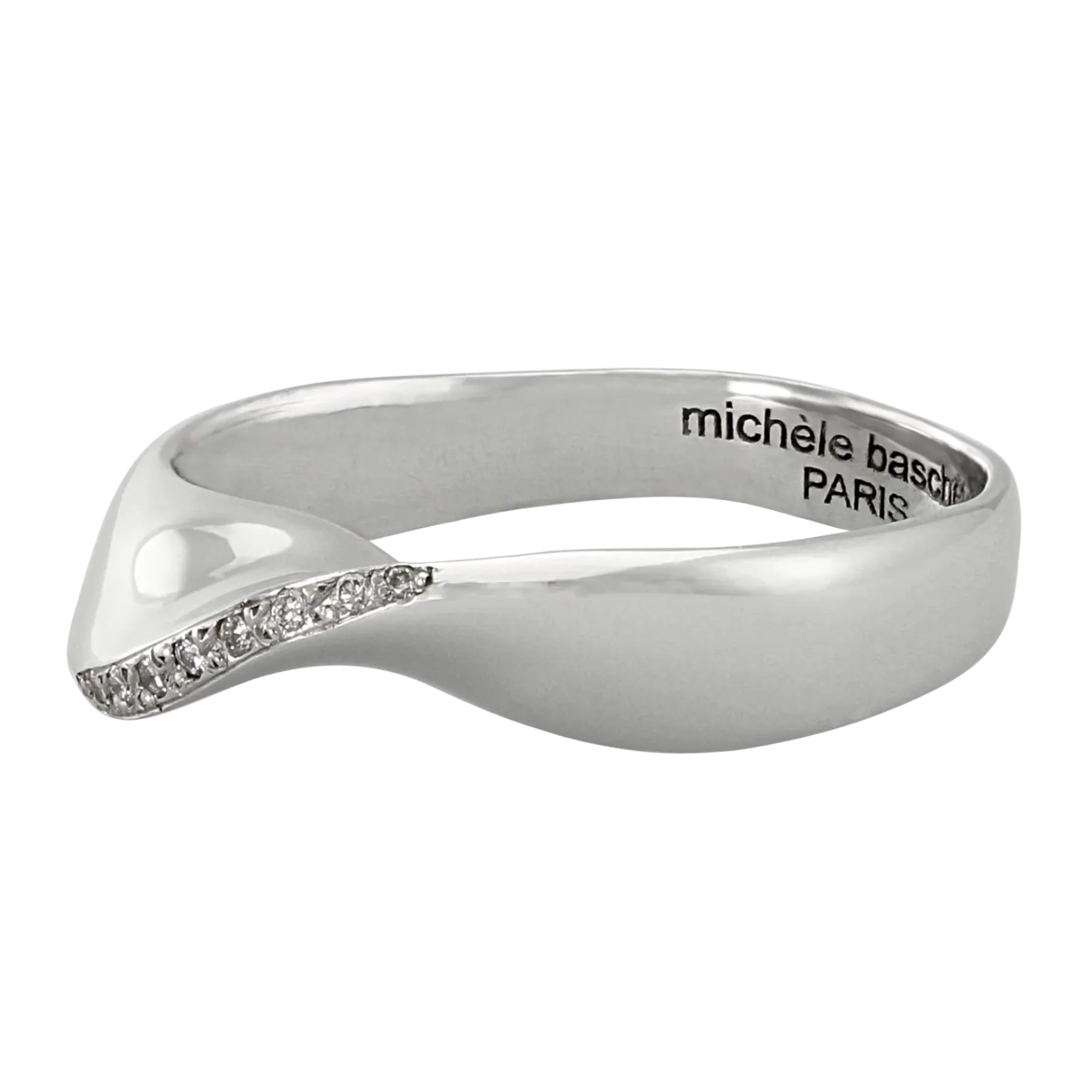 Side image of the Diamond Knot White Gold Ring with Diamonds designed by Michèle Baschet