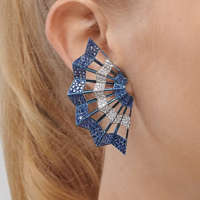 Close up of Diamond and Sapphire Titanium Dragonfly Earrings