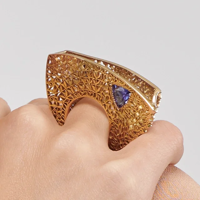 Close up of Blue Tanzanite Heart Ring