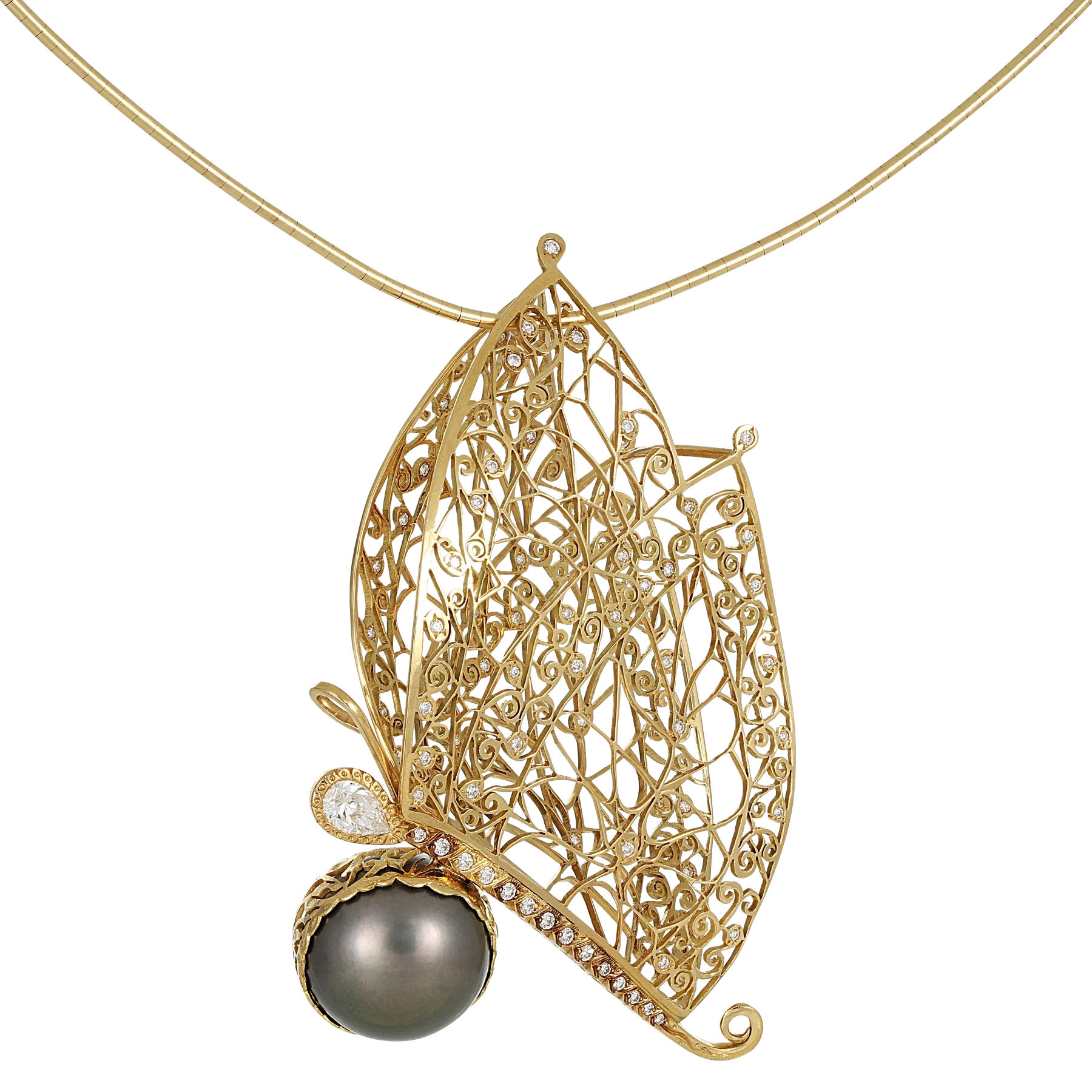 Side image of Butterfly Tahitian Pearl Yellow Gold Lace Pendant